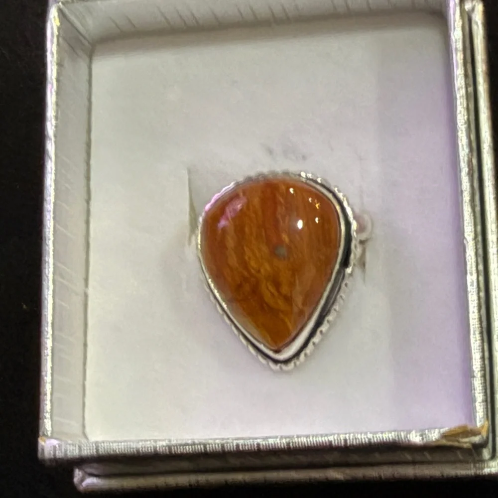Hand Crafted Silver overlay Red Jasper Ring Rich reddish brown Teardrop stone - Picture 2 of 4